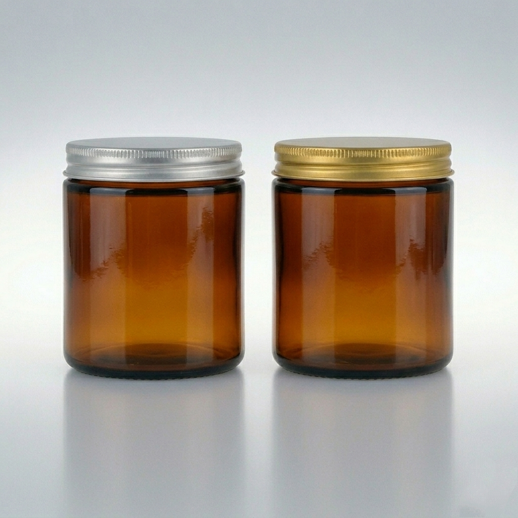 Tarro de vidrio ámbar 250 ml (tapa dorada o plateada)
