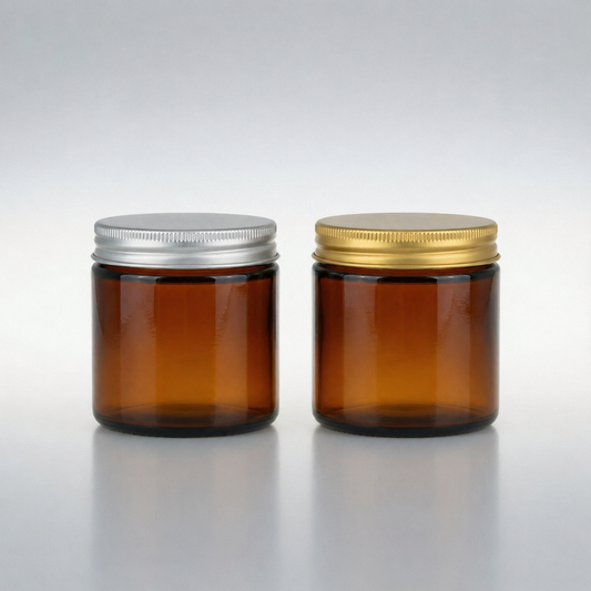 Tarro de vidrio ámbar 100 ml (tapa dorada o plateada)