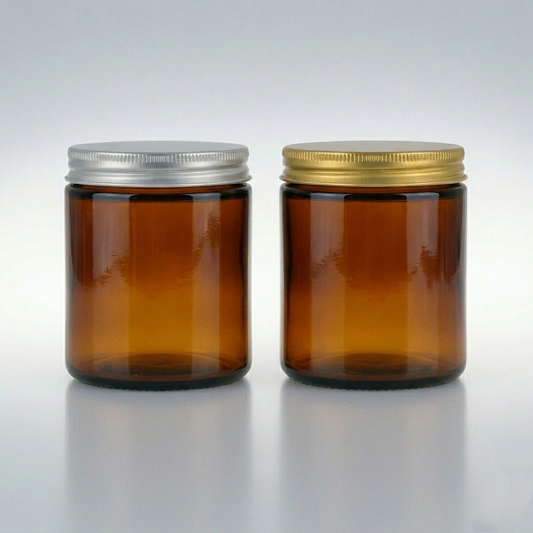 Tarro de vidrio ámbar 250 ml (tapa dorada o plateada)